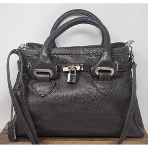 Italian Lock & Key Brown Pebbled Grain Leather Handbag Satchel Made In Italy New